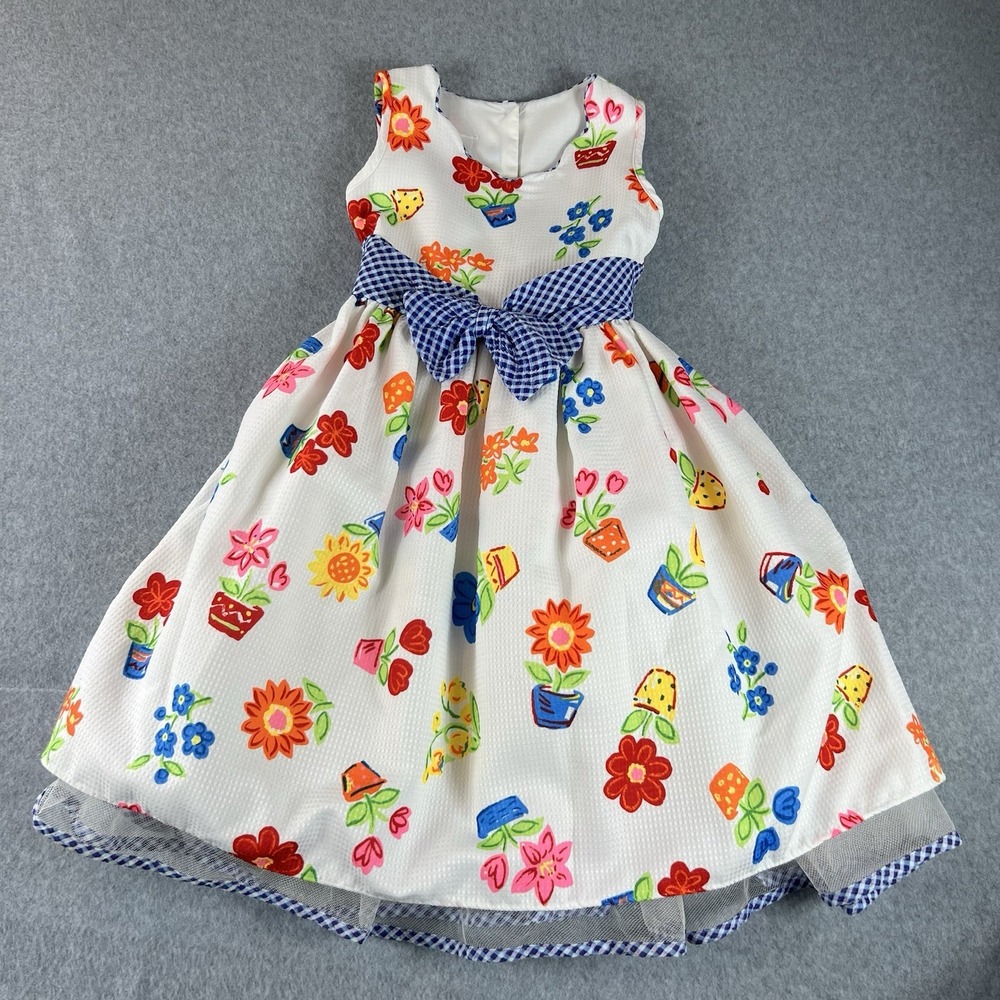 Vintage Bonnie Jean Size 7 Fit & Flare White Floral  Sleeveless Dress Bow USA